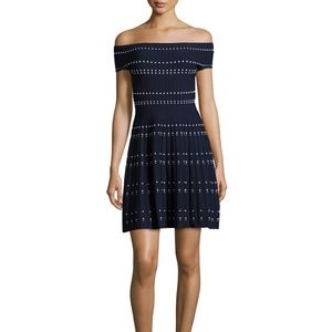 Parker navy white dotted fit and flare dress